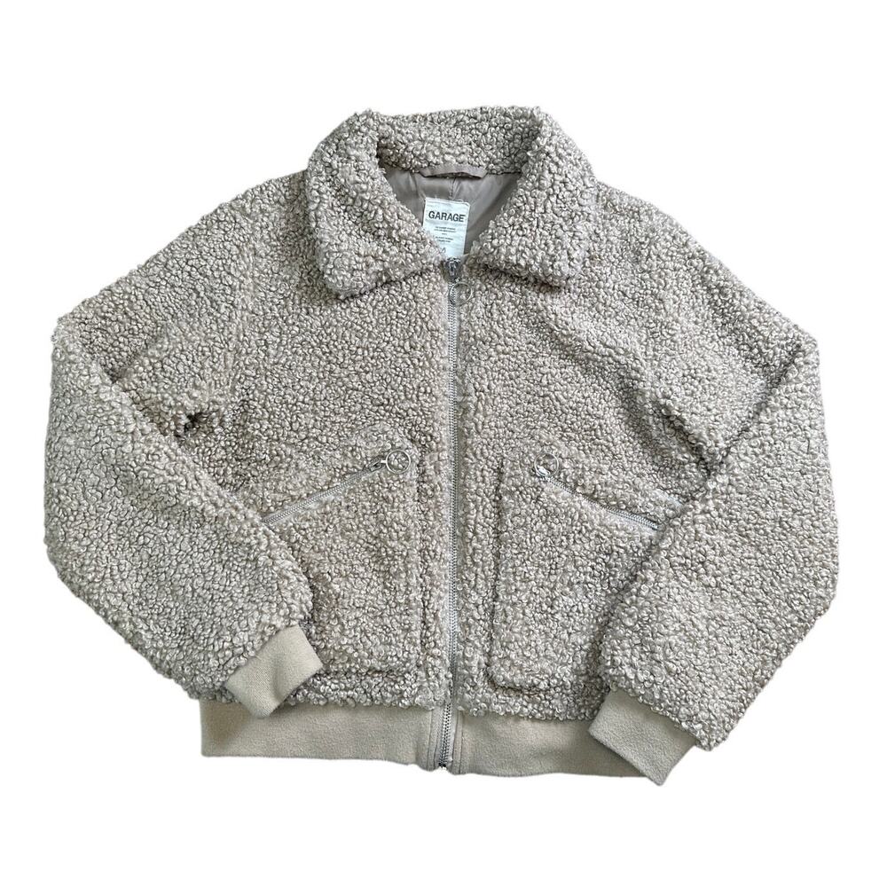Garage Teddy Jacket Sherpa Mob Wife Zip Pocket Lined Coat Khaki Tan Small
